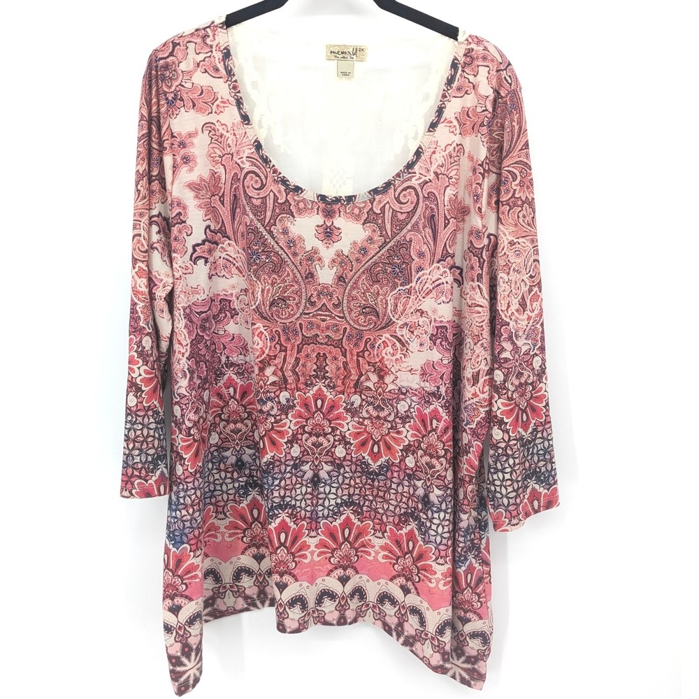 One World Blouse Womens 2X Red Paisley Lace 3/4 Sleeve‎ Tunic Top Boho Mature